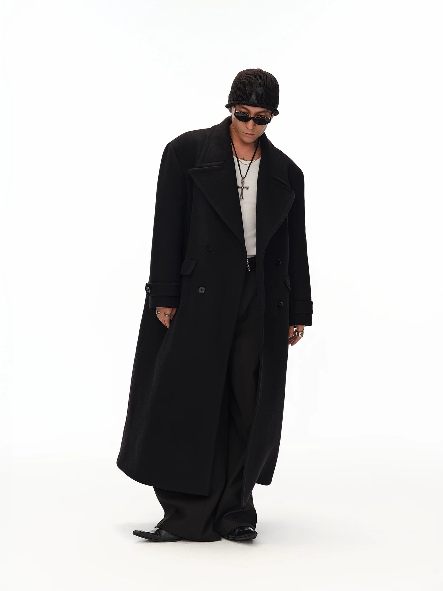 Men's Long Black Double-breasted Wool Coat