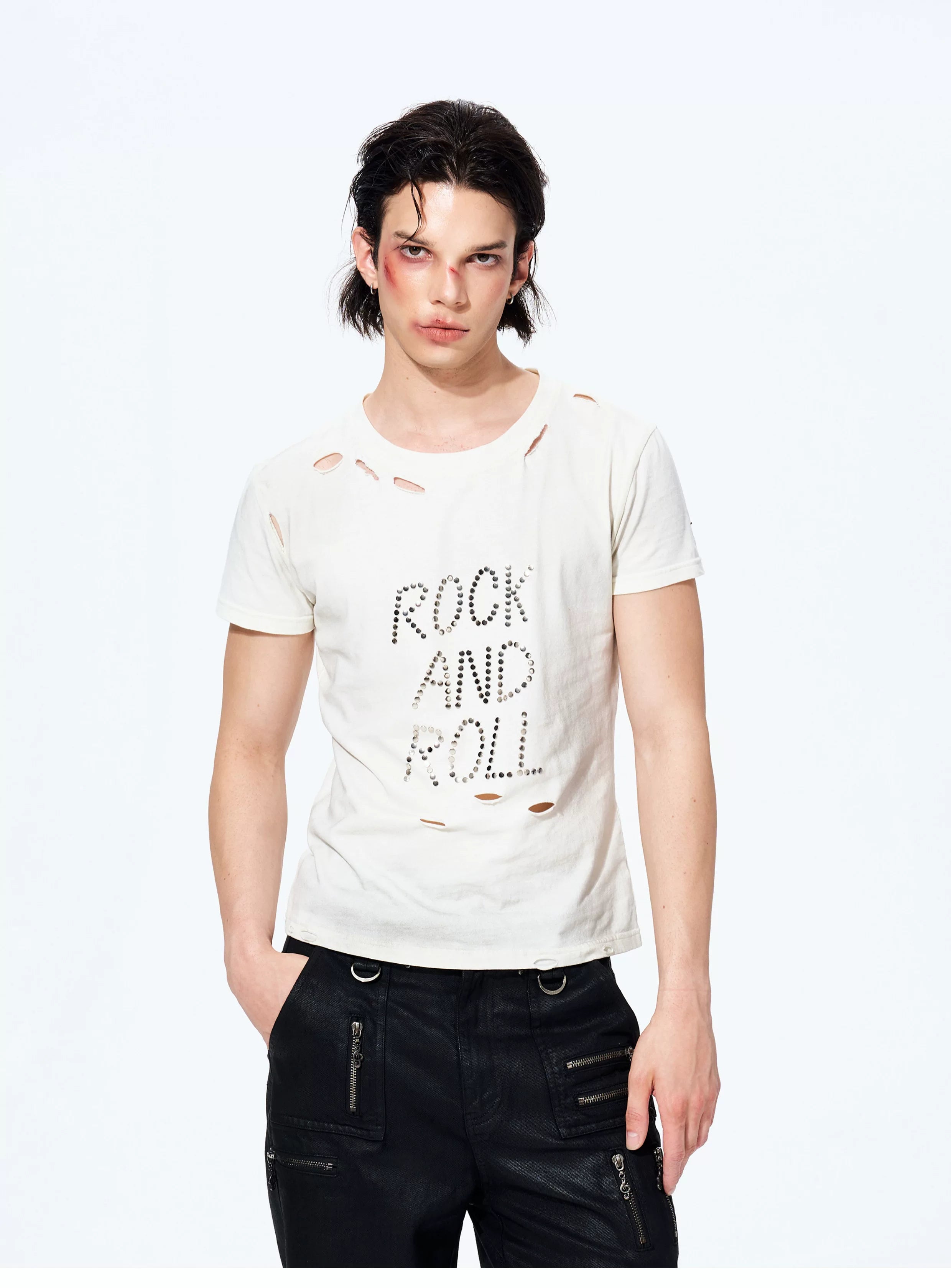 Unisex Rivet Letter Washed Distressed Tees