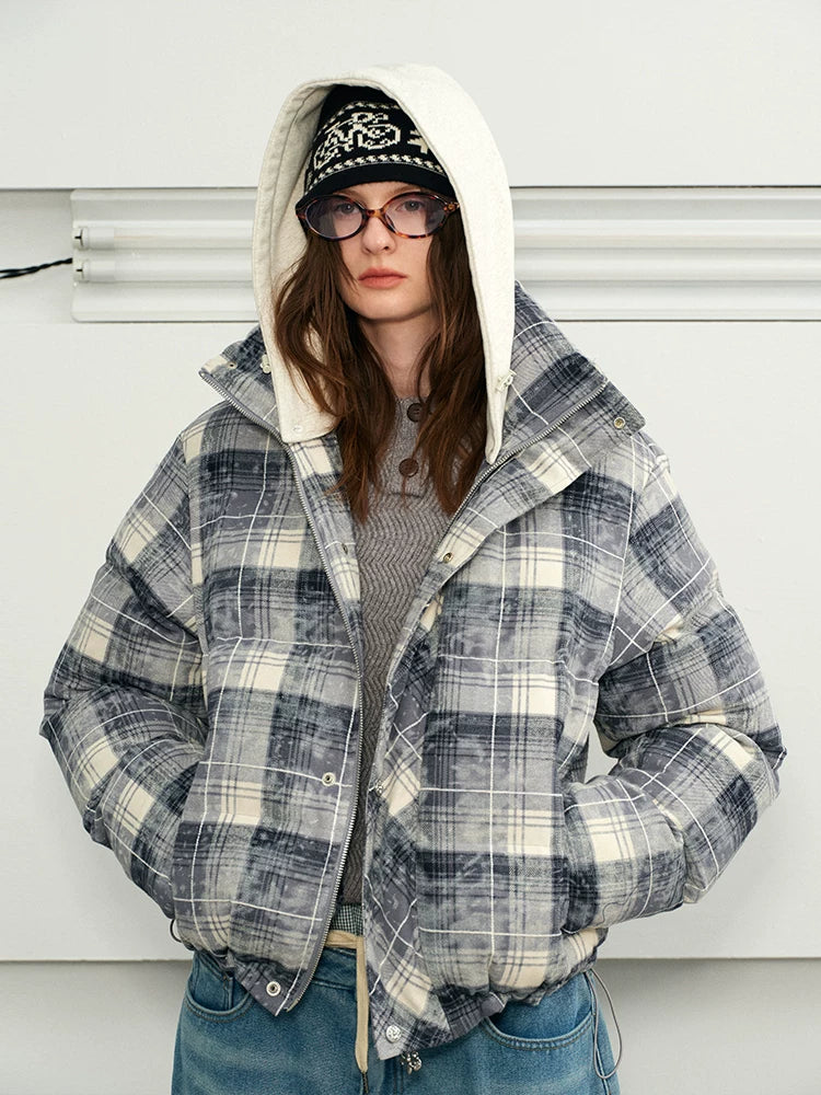 Detachable Hooded Plaid Puffer Coat