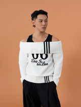 Loose Unisex White Off-shoulder Turtleneck Sweater