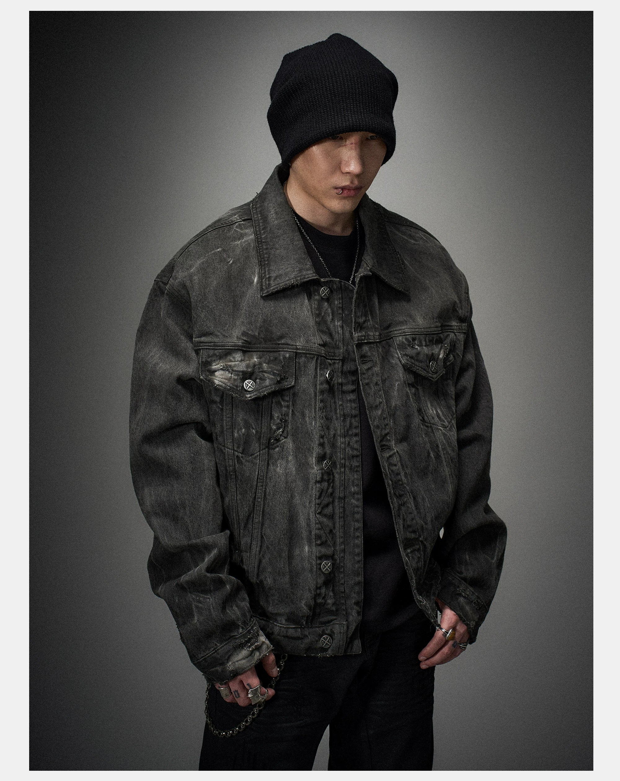 Loose Heavy Washed Distressed Denim Jacket