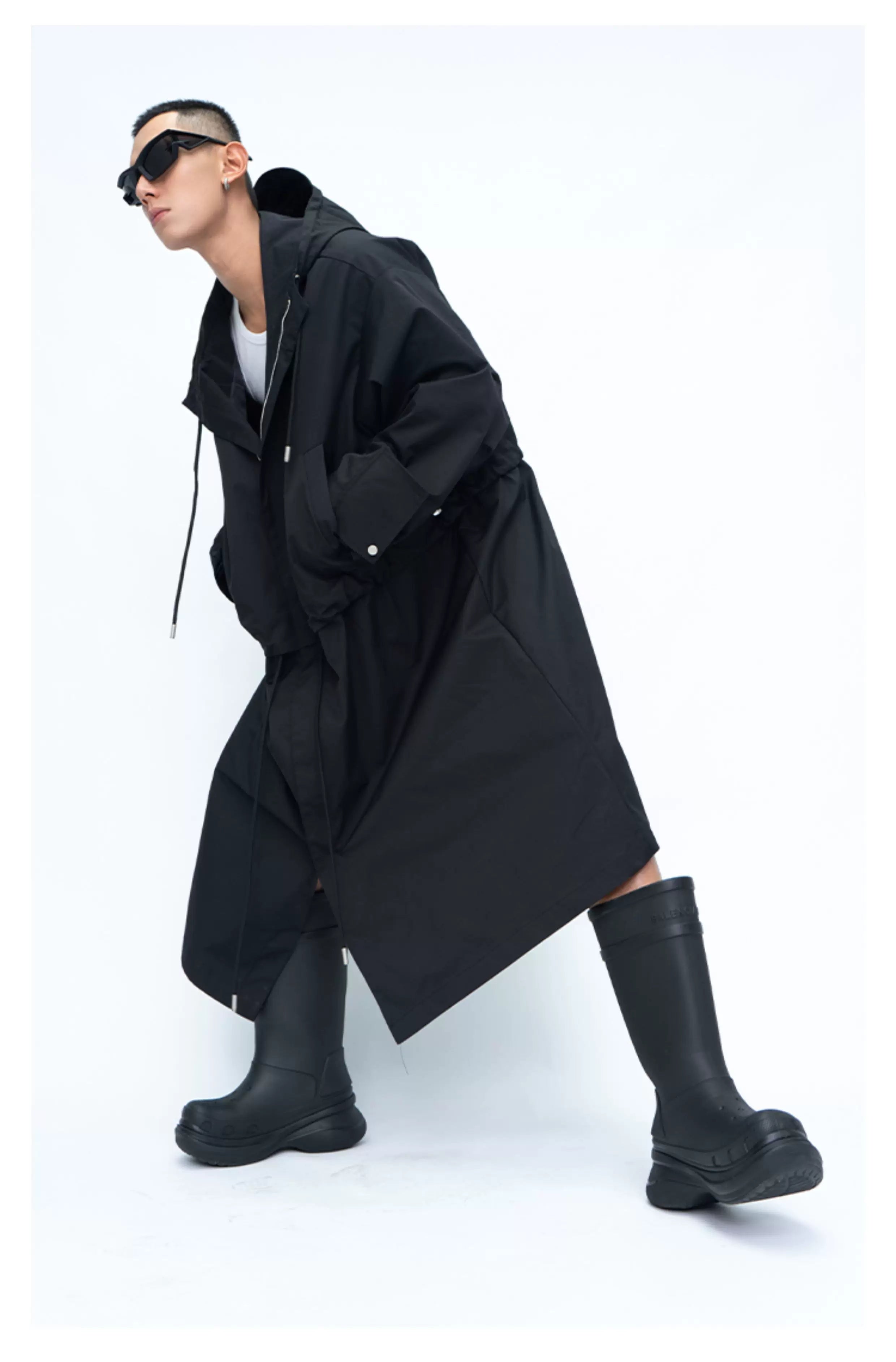 Hooded Long Water-resistant Waist-cinched Trench Coat