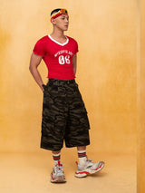 Red White Ruffled Cropped V-Neck Tee