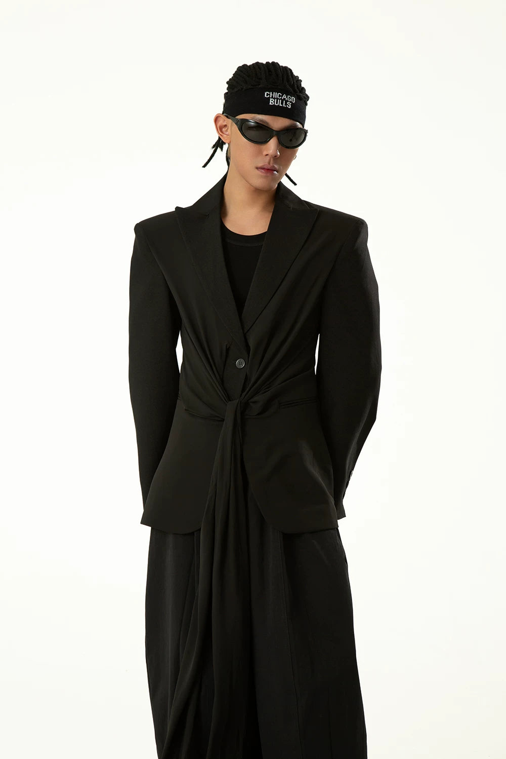 Black Wool Ribbon Pleated Waist-Tailored Blazer