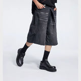 Special Waistband Tailored Washed Denim Shorts