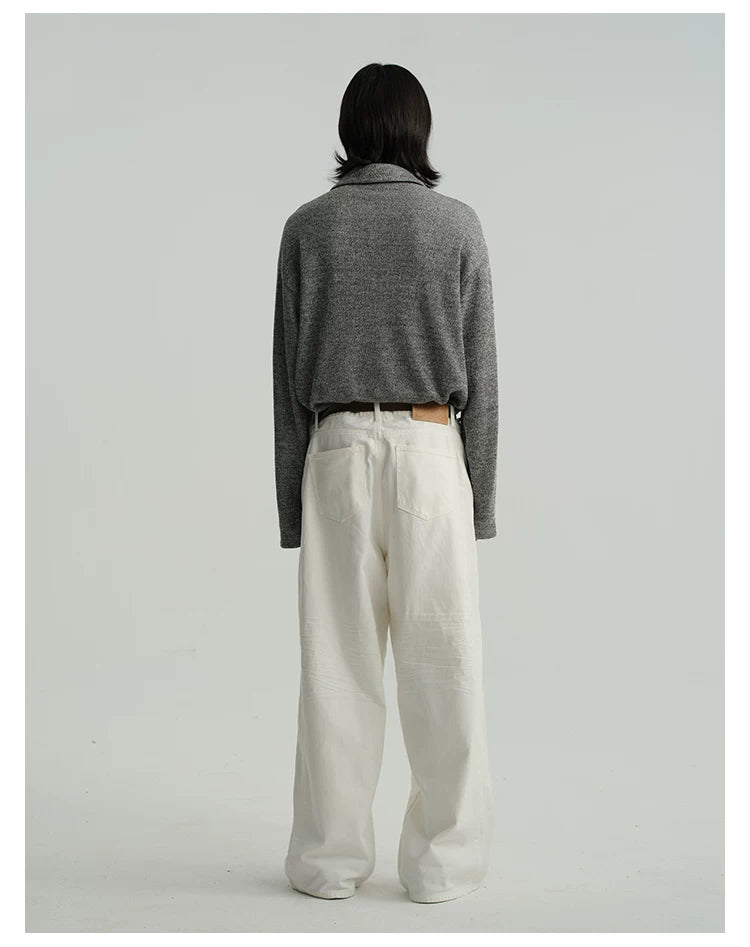 Pleated Distressed White Baggy Denim Jeans