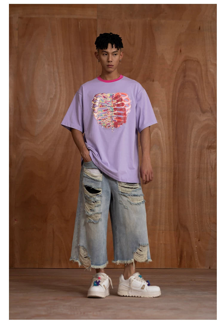Oversized Embroidered Purple Heart Skeleton Tee