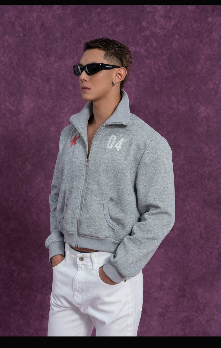 Gray Black Digital Print Zip Jacket