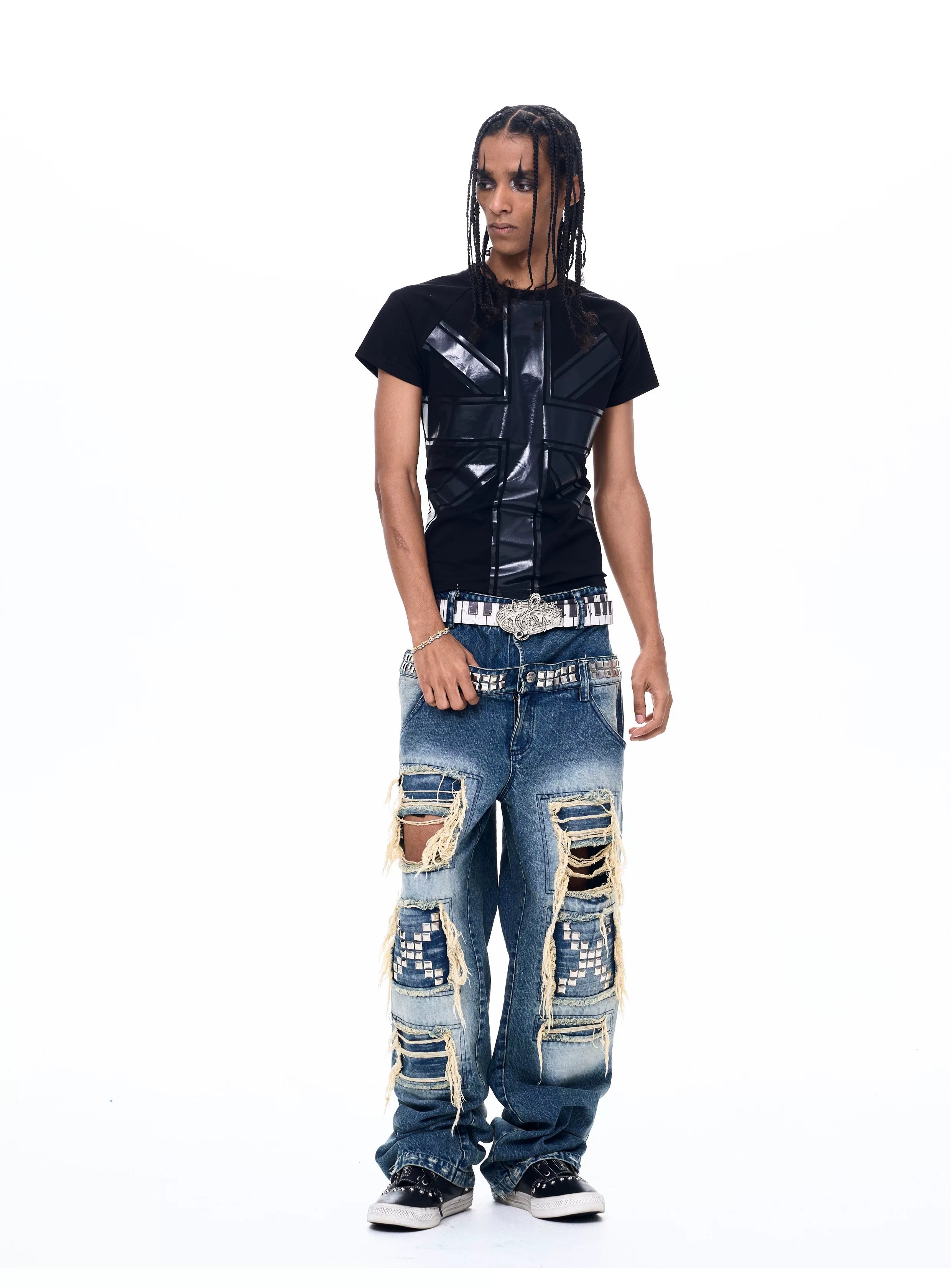 Black Printed Cross Crew Neck Tees
