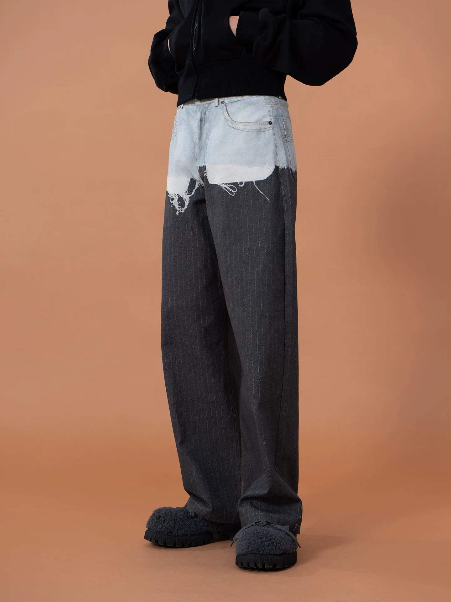 Men's Gray Colorblock Striped Printed Jeans