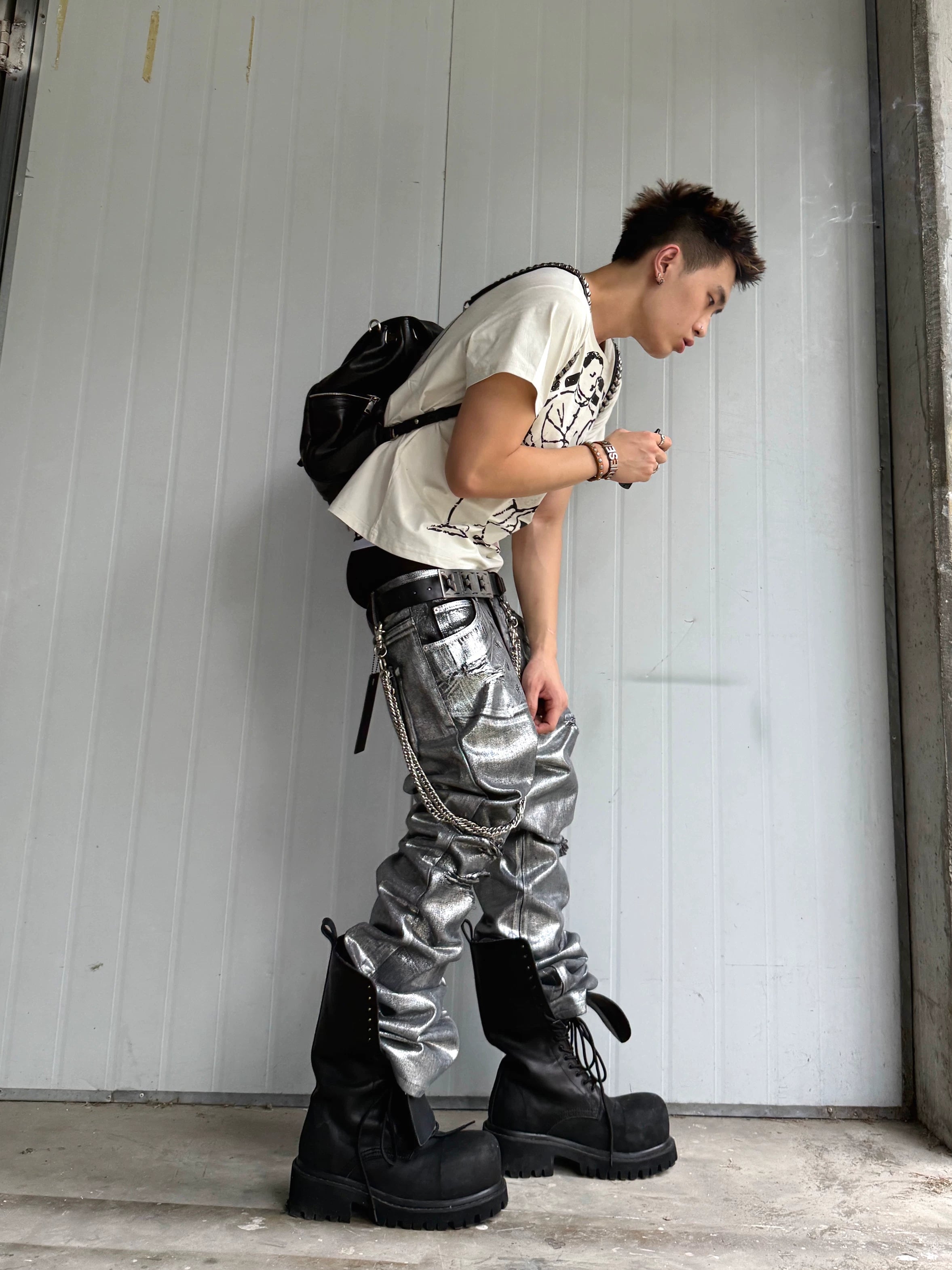Distressed Silver Coated Embroidered Flared Jeans