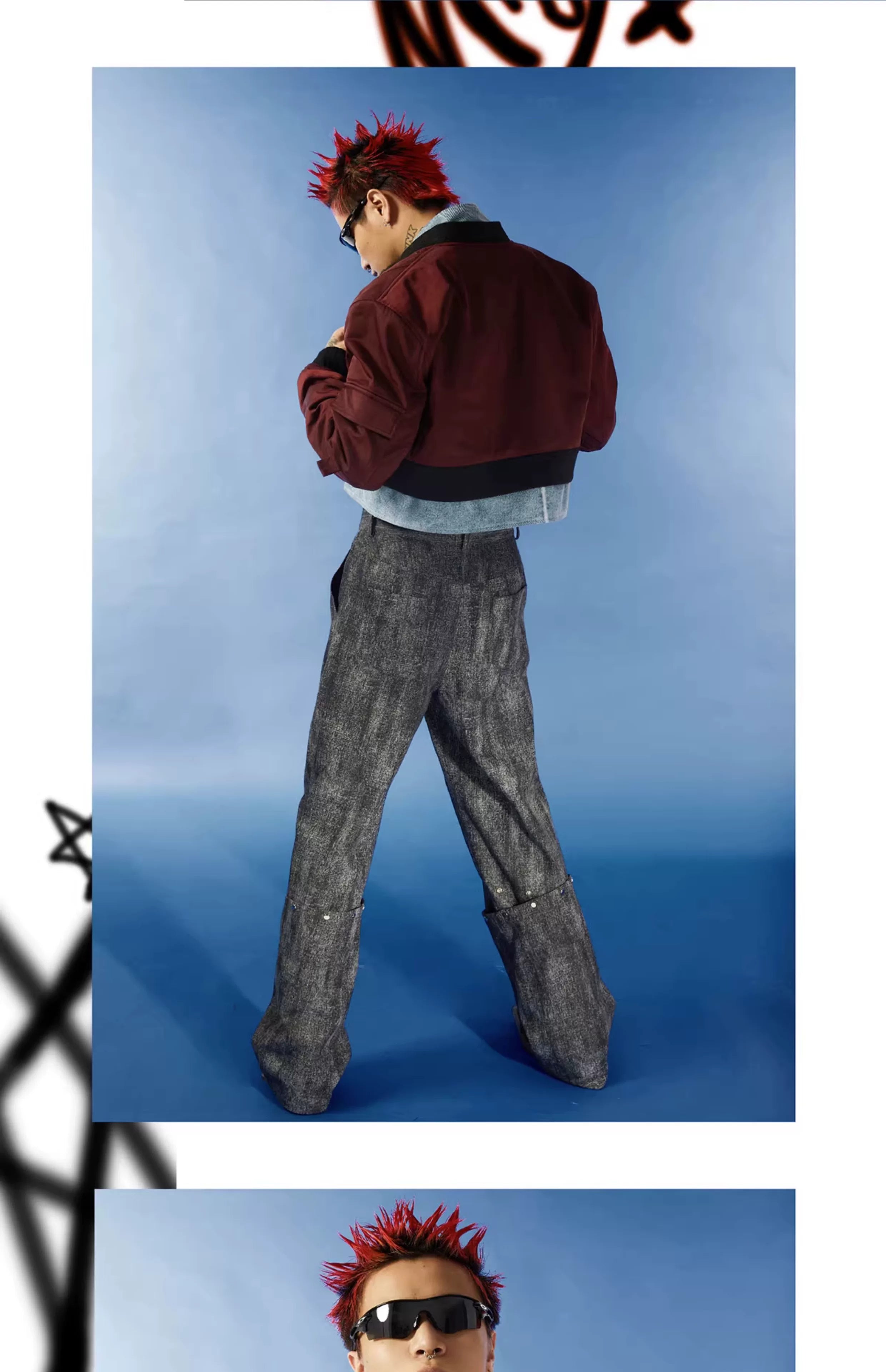 Cropped Two-Piece Maroon Denim Bomber Jacket