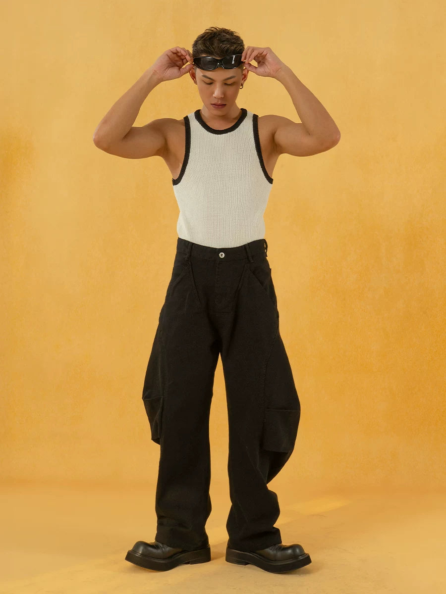Men's Black Patchwork Wide Curved Jeans