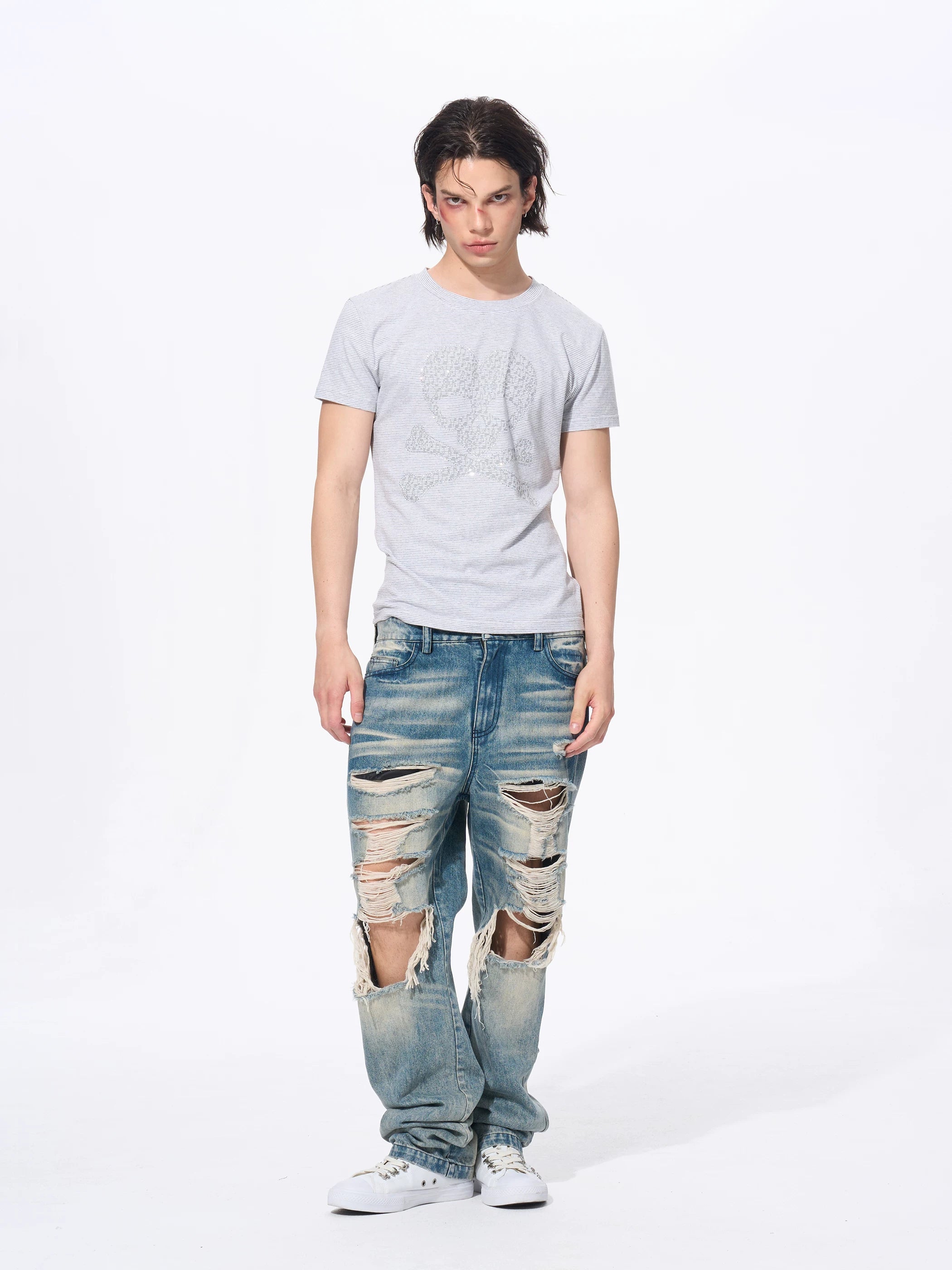 Men’s Rhinestone Skull Striped Tees