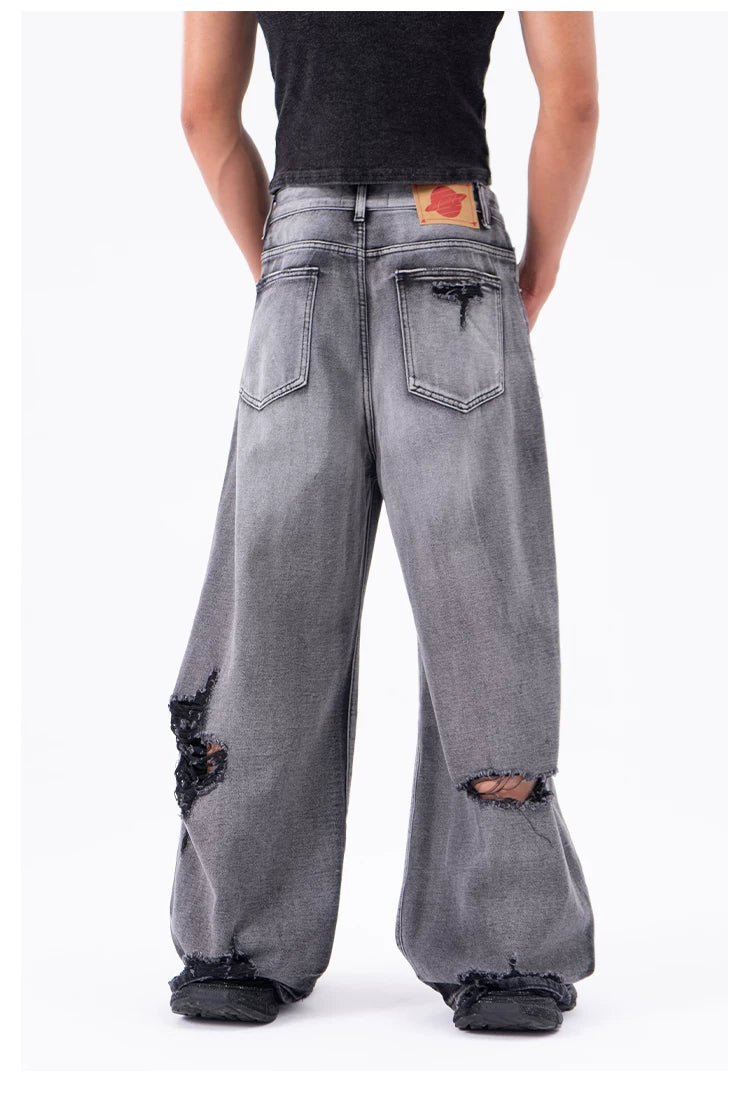 Men's Ripped Baggy Straight Charcoal Jeans