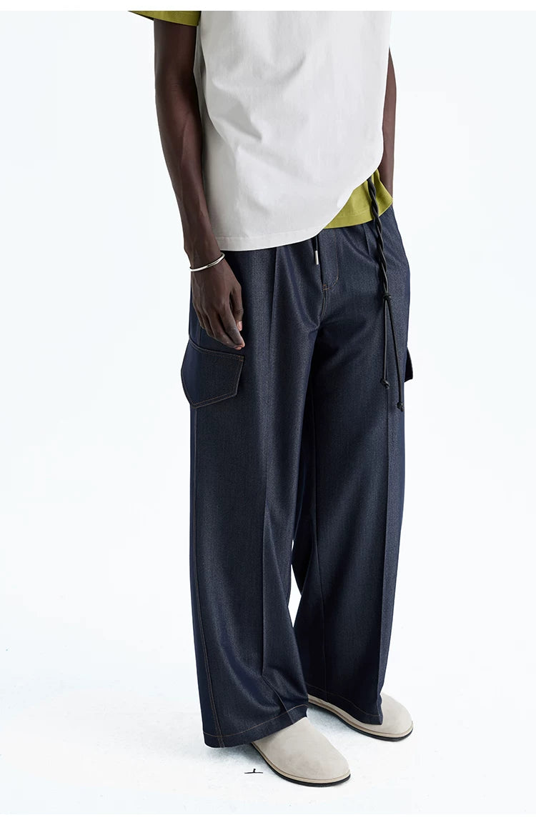 Indigo Denim-Style Drawstring Waist Cargo Pants
