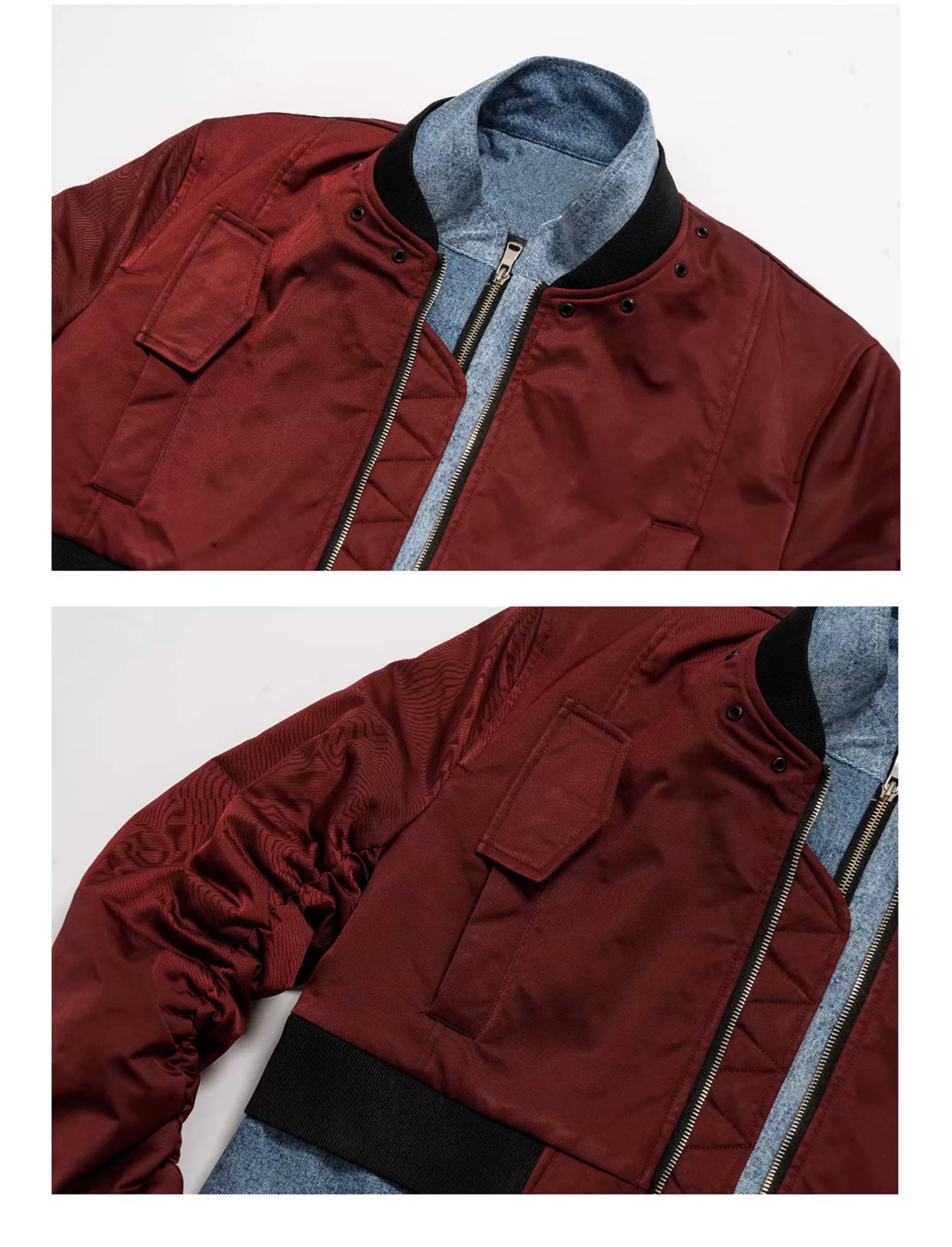 Cropped Two-Piece Maroon Denim Bomber Jacket