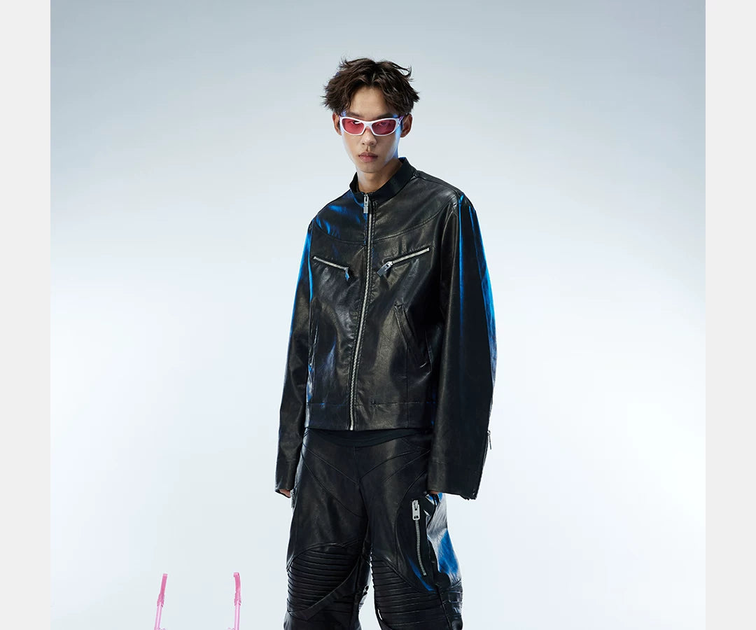 Men's Distressed Cropped Leather Moto Jacket