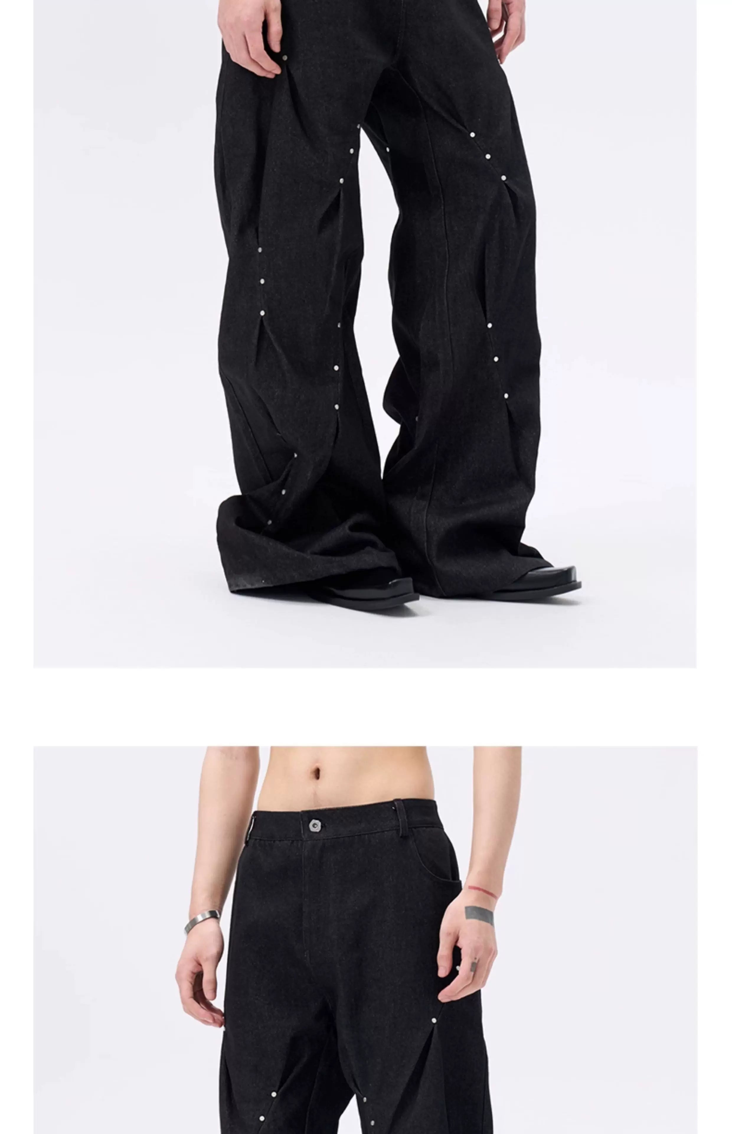 Pleated Wide Leg Raw Denim Jeans