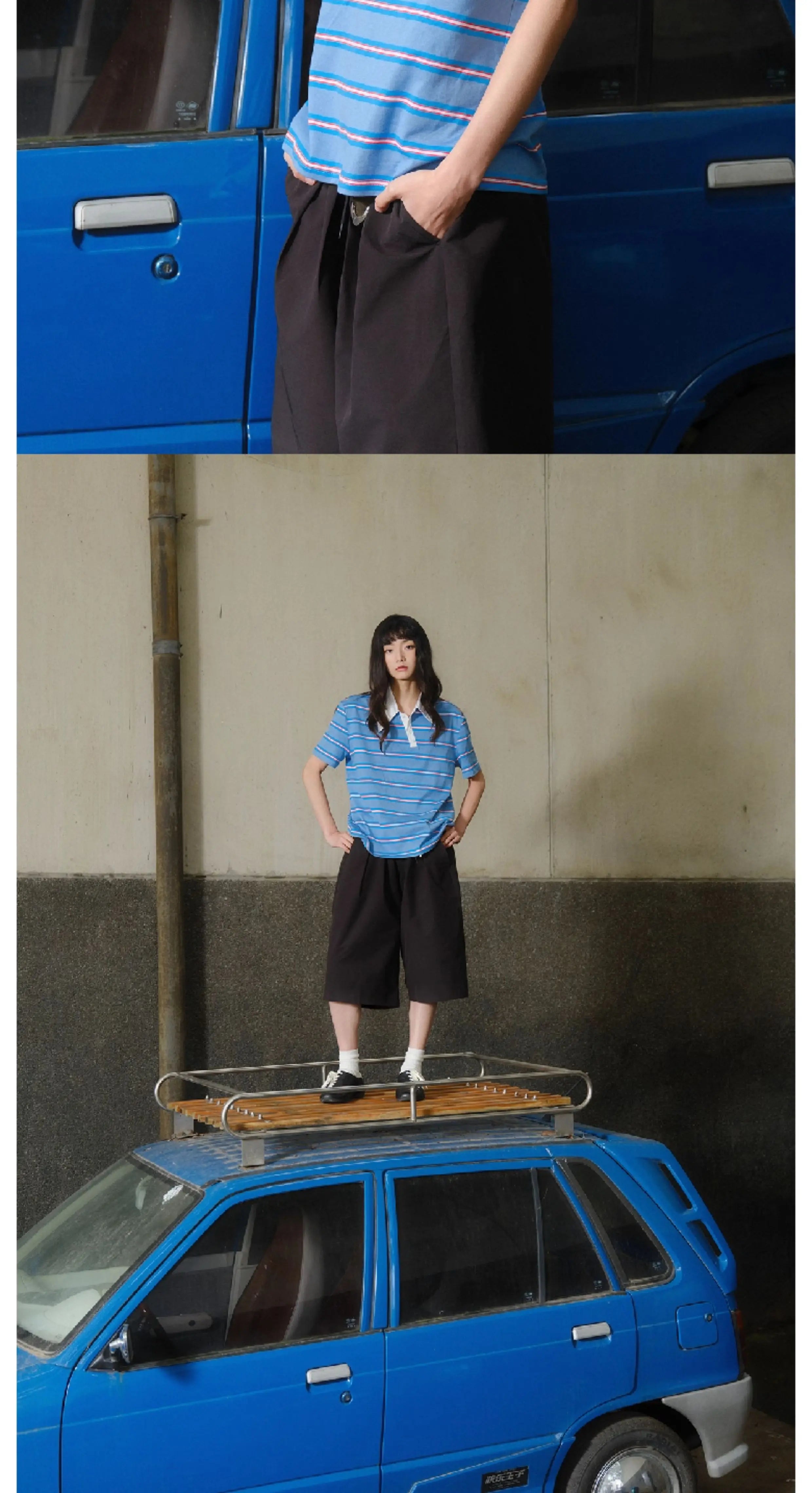 Asymmetric Collar Cropped Slit Polo Shirt