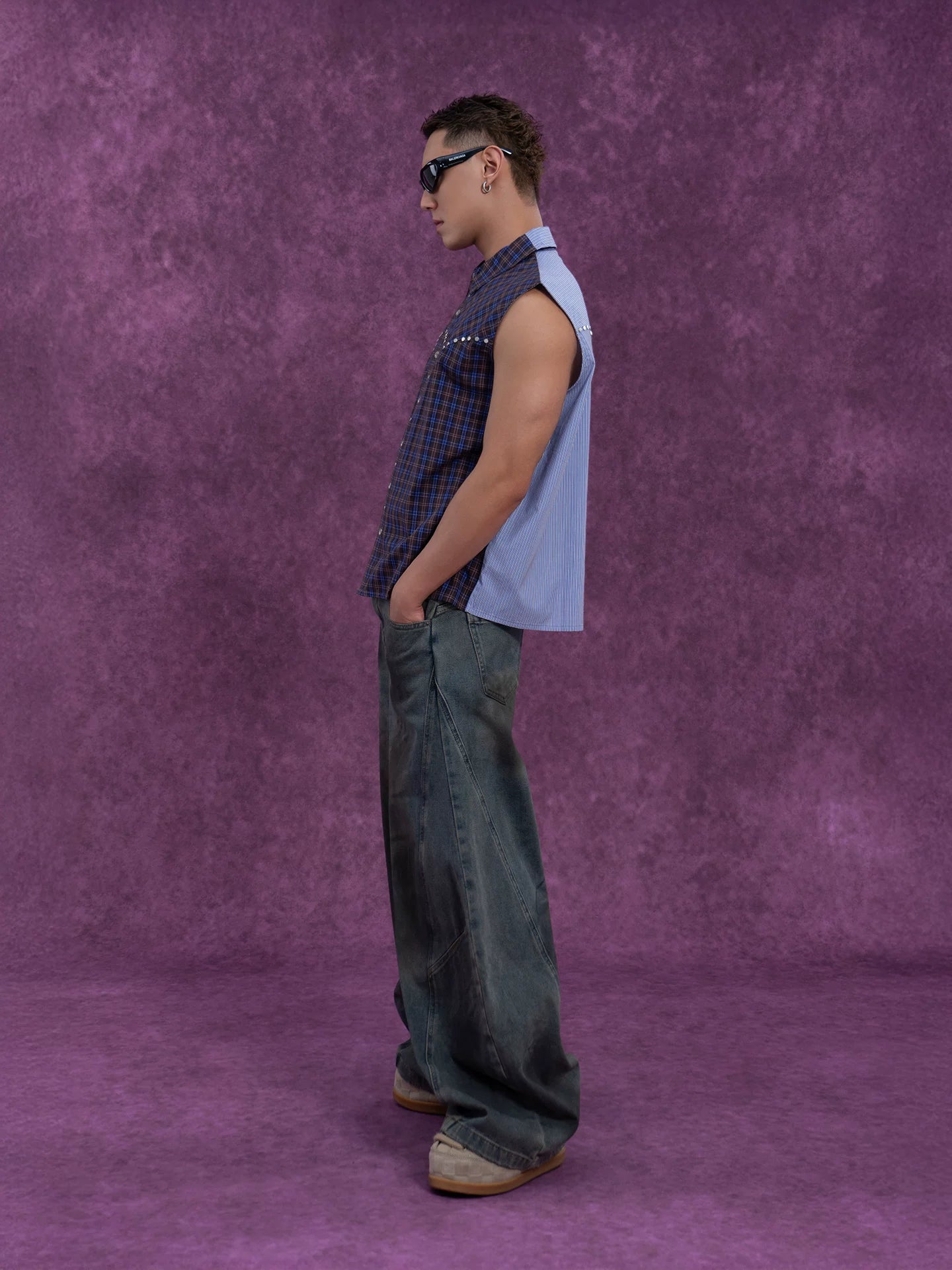 Men's Plaid Striped Patchwork Rivet Vest