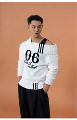 Loose Unisex White Off-shoulder Turtleneck Sweater