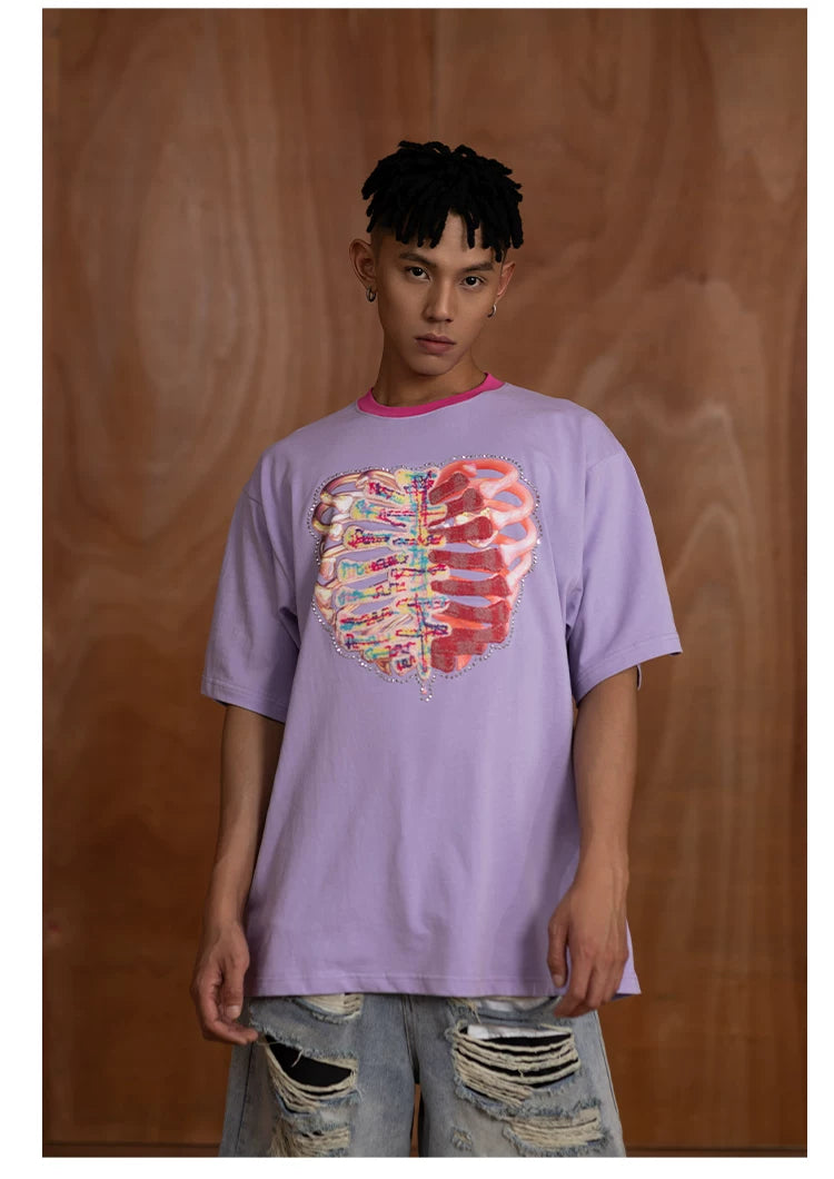 Oversized Embroidered Purple Heart Skeleton Tee