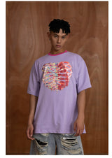 Oversized Embroidered Purple Heart Skeleton Tee