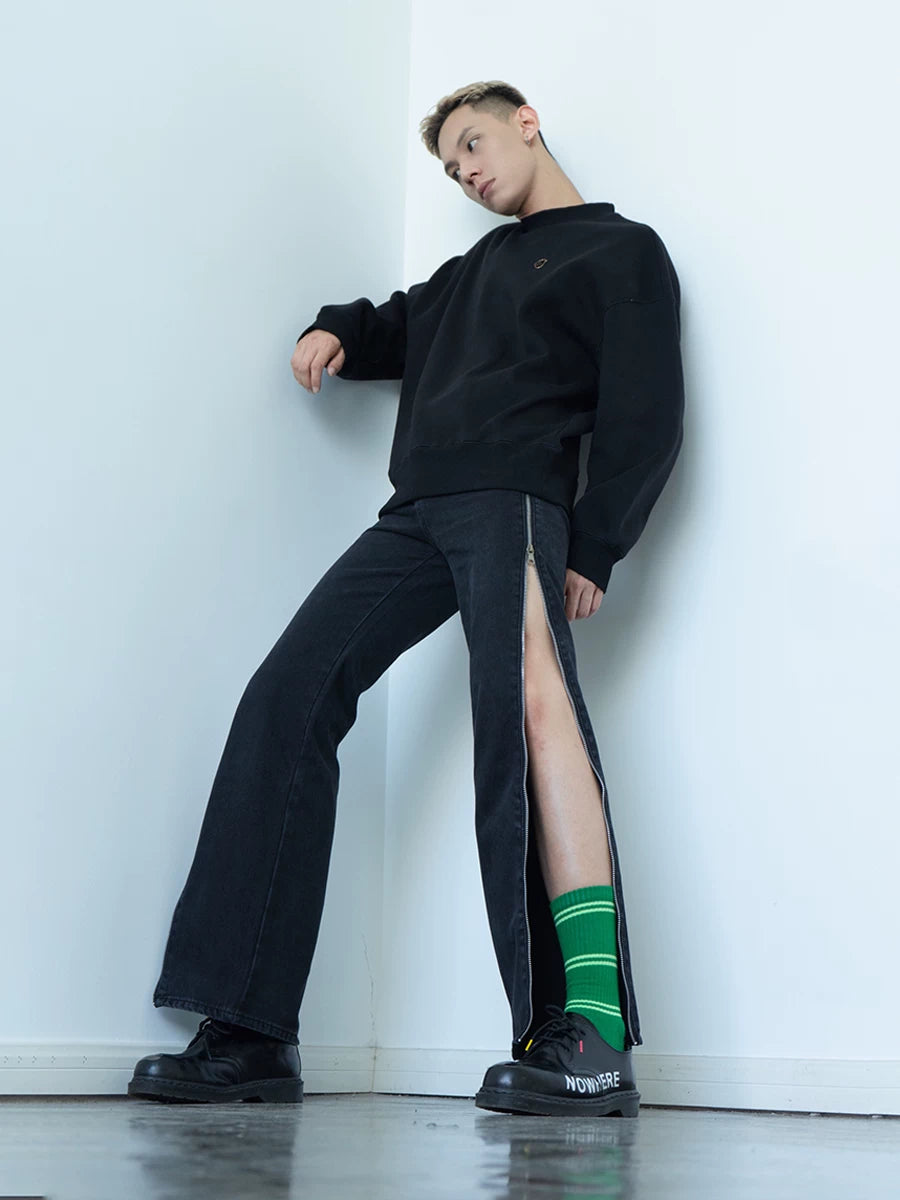 Men's Black Straight Side Zip Jeans