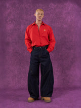 Red Oversized Collared Long Sleeve Shirt