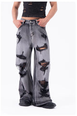 Men's Ripped Baggy Straight Charcoal Jeans