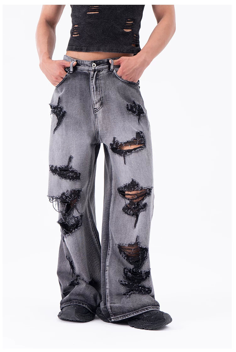 Men's Ripped Baggy Straight Charcoal Jeans