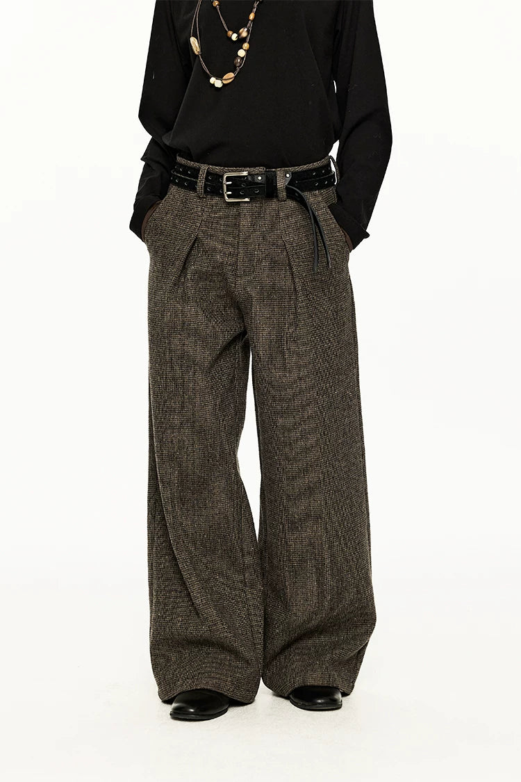 Wide Leg Pleated Wool Houndstooth Pants