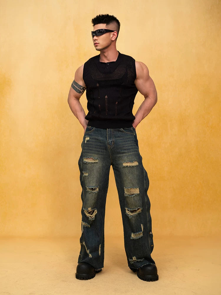 Men's Dark Distressed Slit Wide Jeans