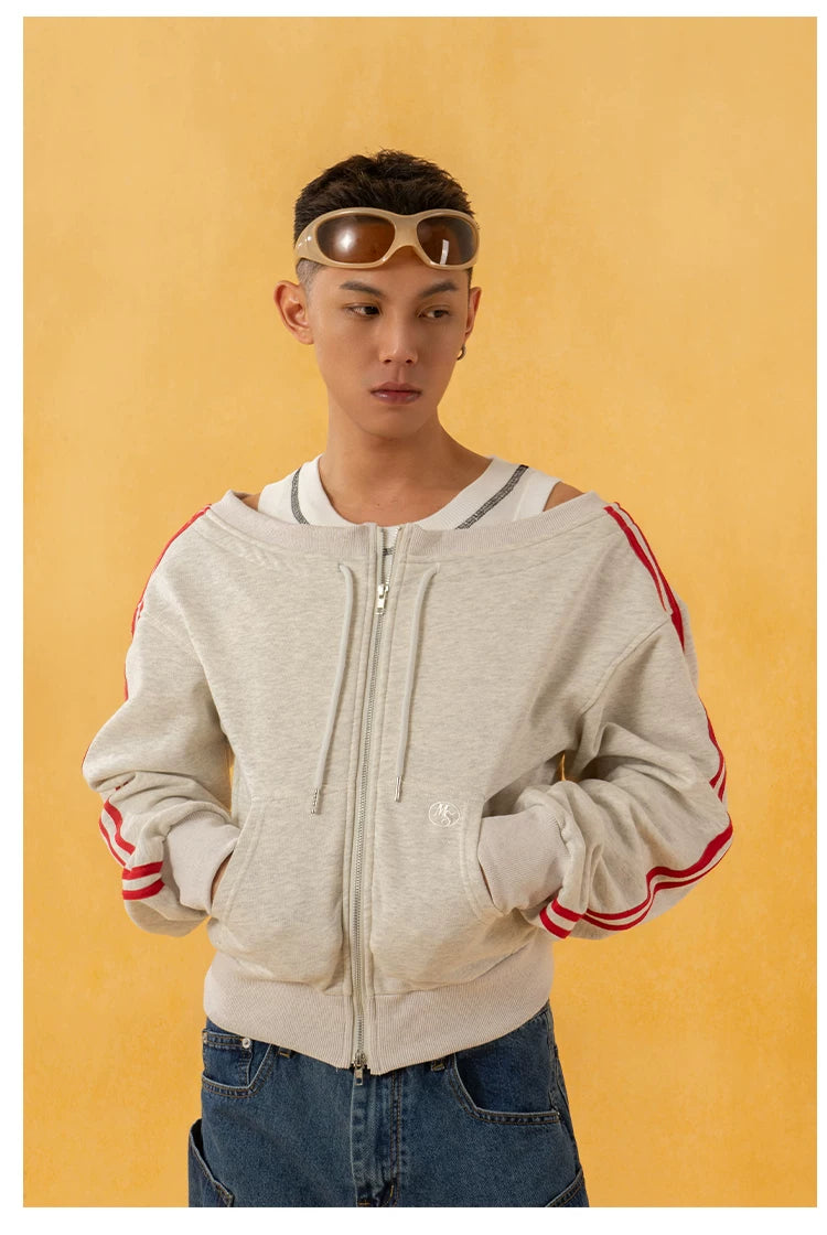 Heather Gray Striped Off-Shoulder Zip-Up Sweatshirt