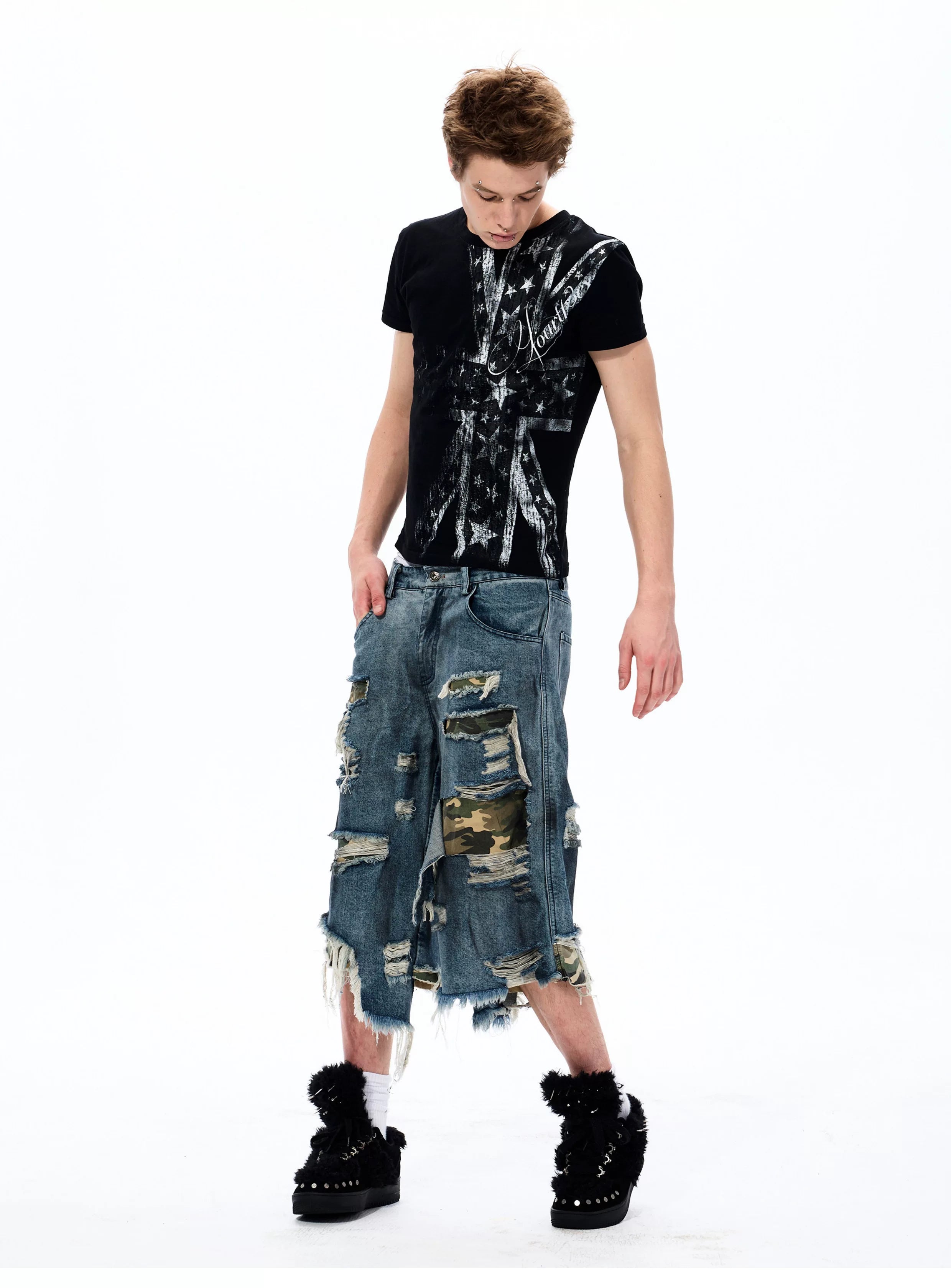 Street Style Splatter Ripped Cropped Pants