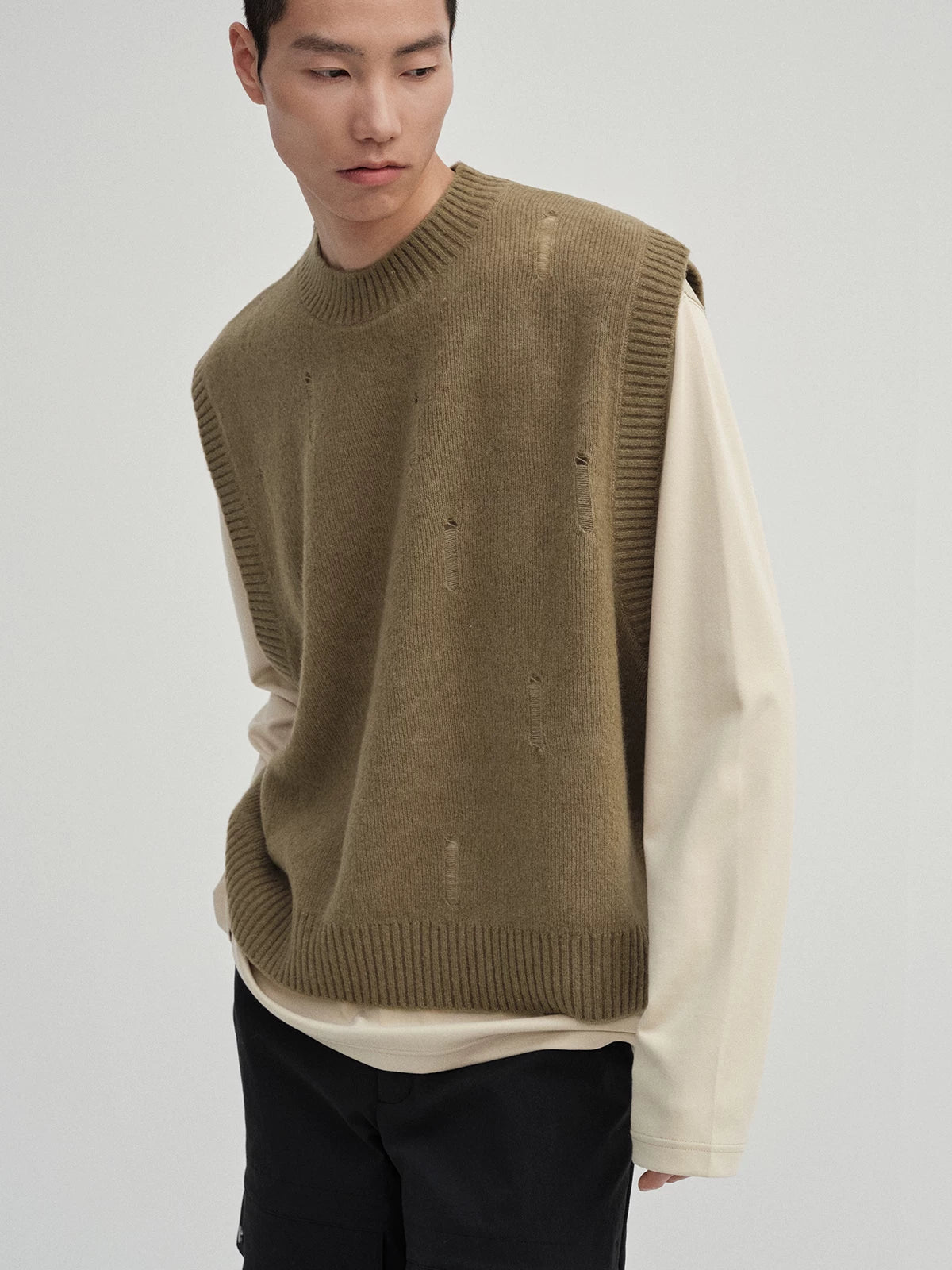 Yak Wool Blend Distressed Knit Cardigan