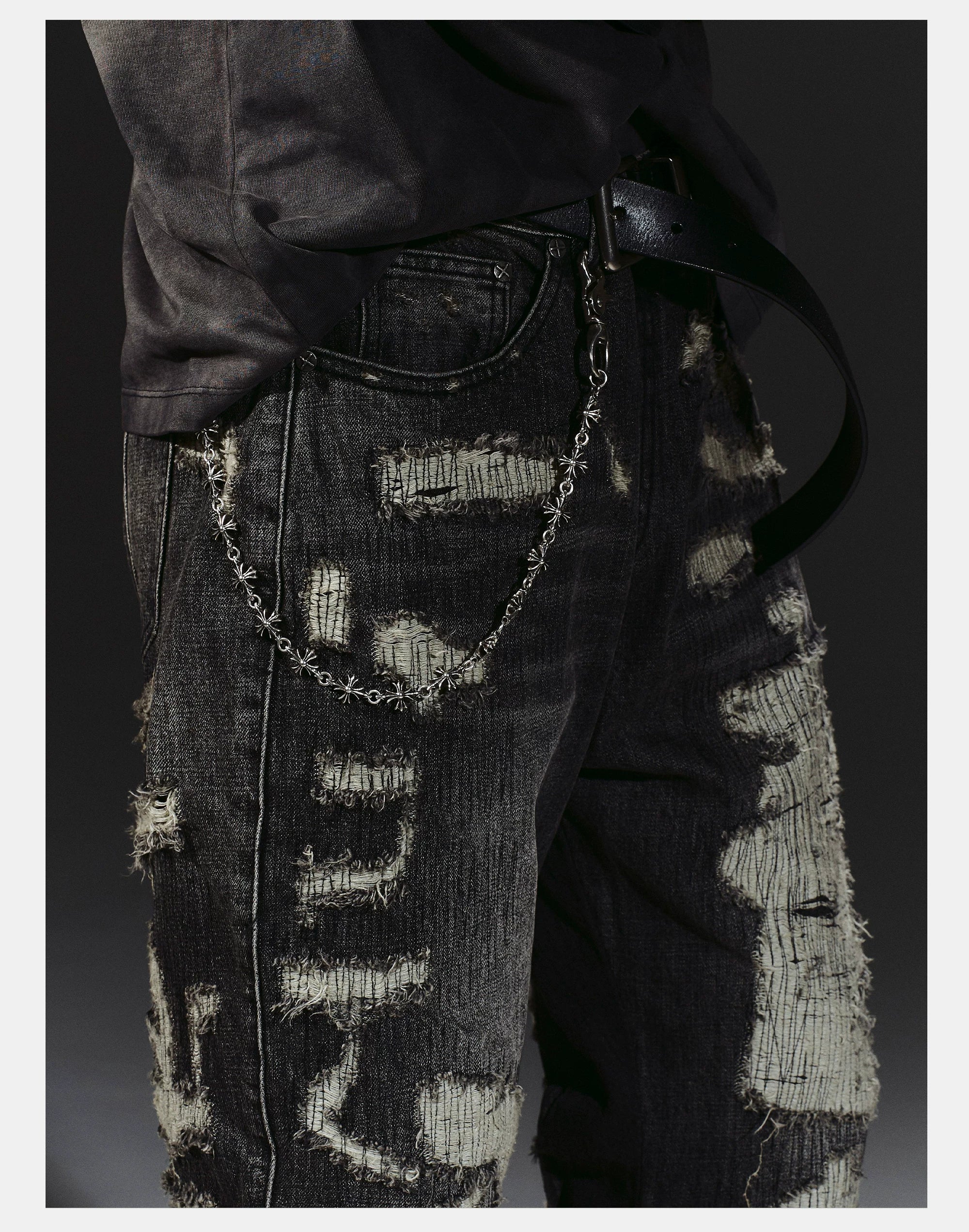 Heavyweight Distressed Embroidered Patchwork Flared Jeans