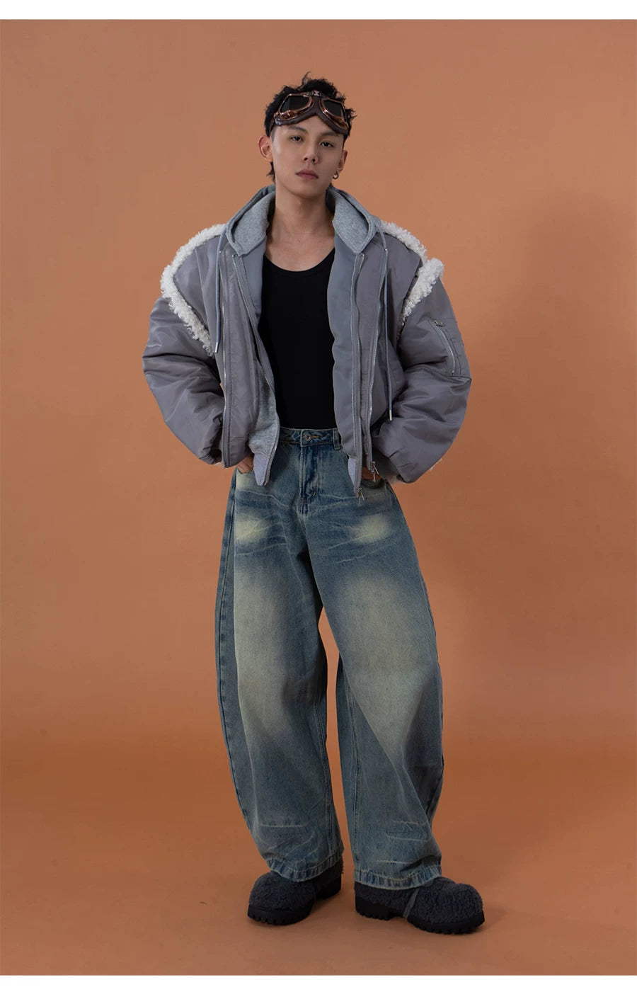 Gray 2-in-1 Hooded Sherpa Bomber Jacket