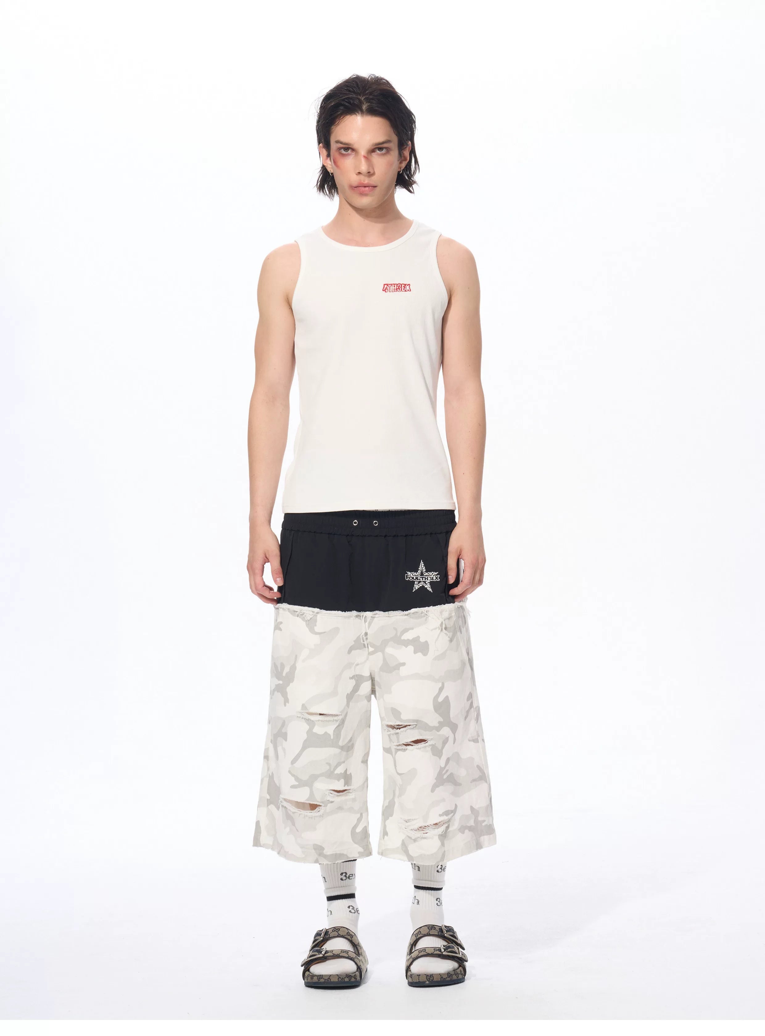 Men's Patchwork Ripped White Camo Pants