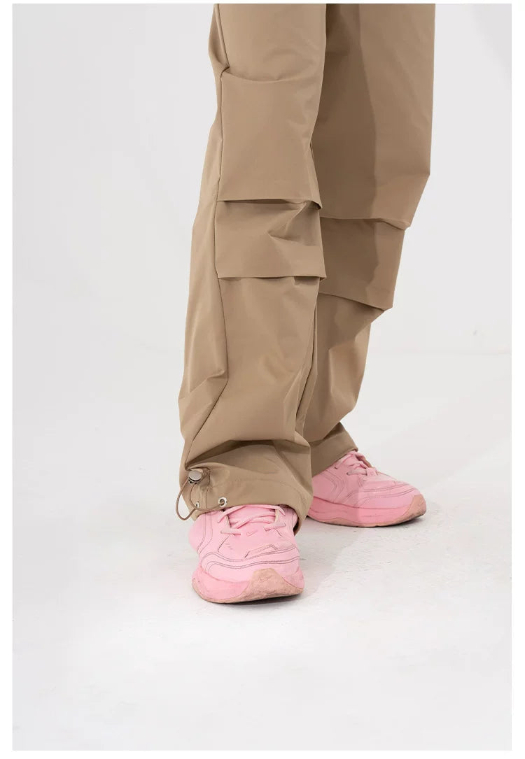 Black Khaki Drawstring Wide Leg Pants