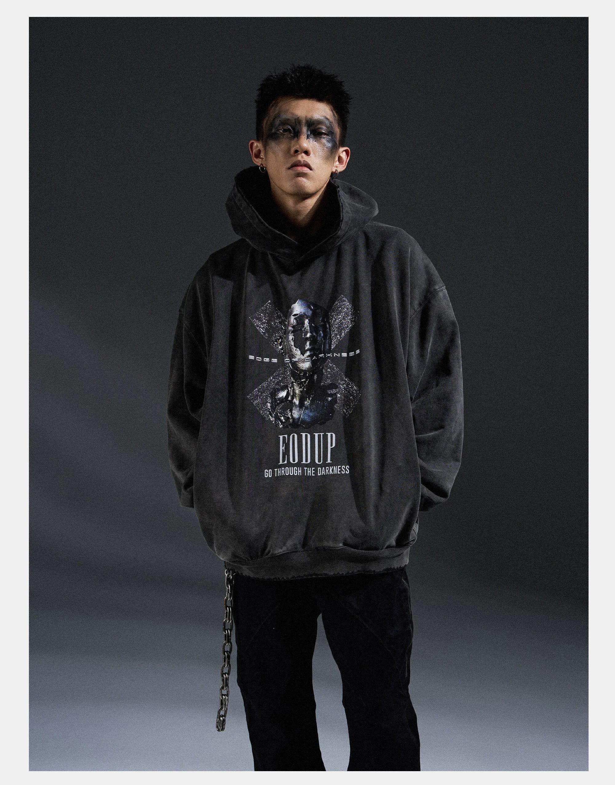 Loose Distressed Dark Metallic Print Sweatshirt