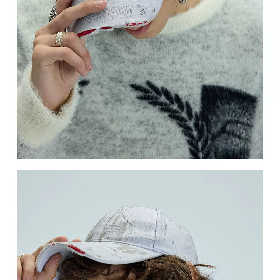 White Distressed Printed Long Brim Cap