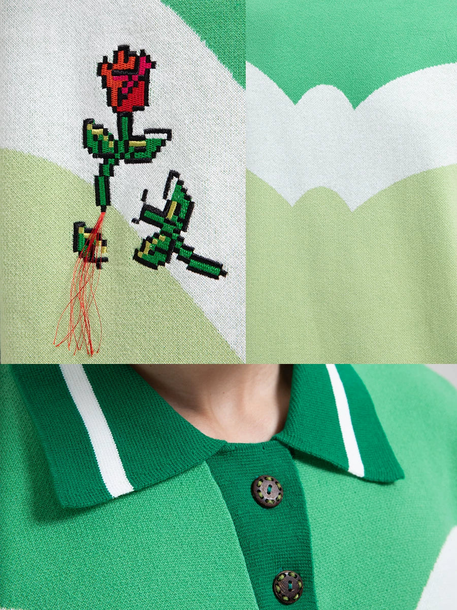 Y2K Women's Floral-Embroidered Knit Polo Shirt