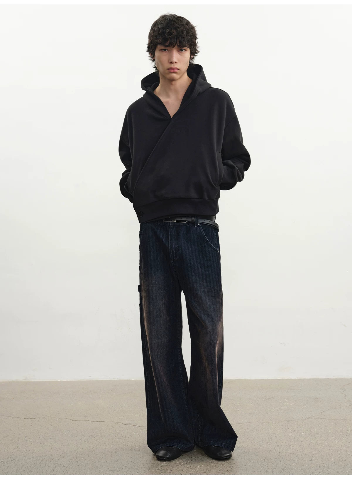 Relaxed Double Button Cross Neck Hoodie