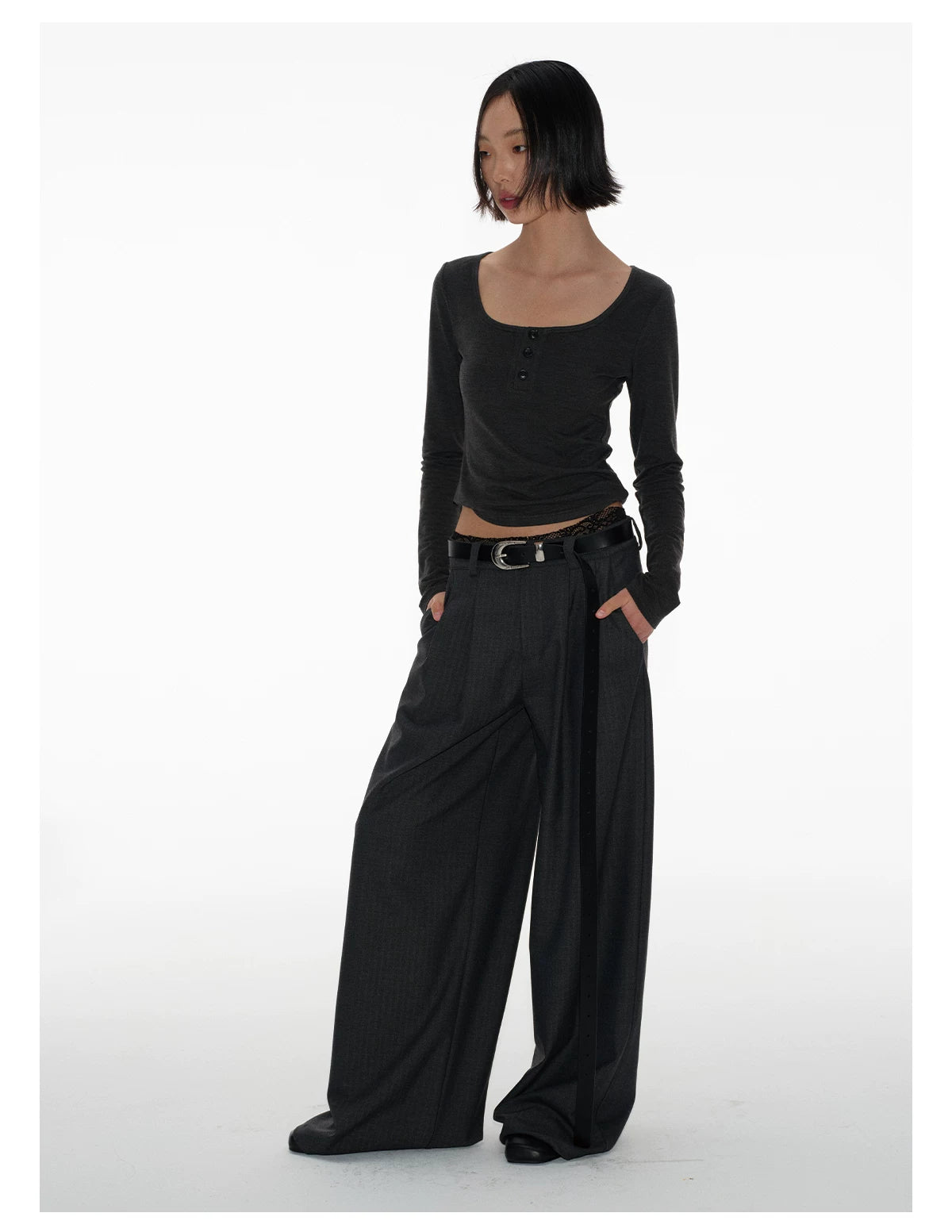 Women's Herringbone Pleated Wide Leg Pants