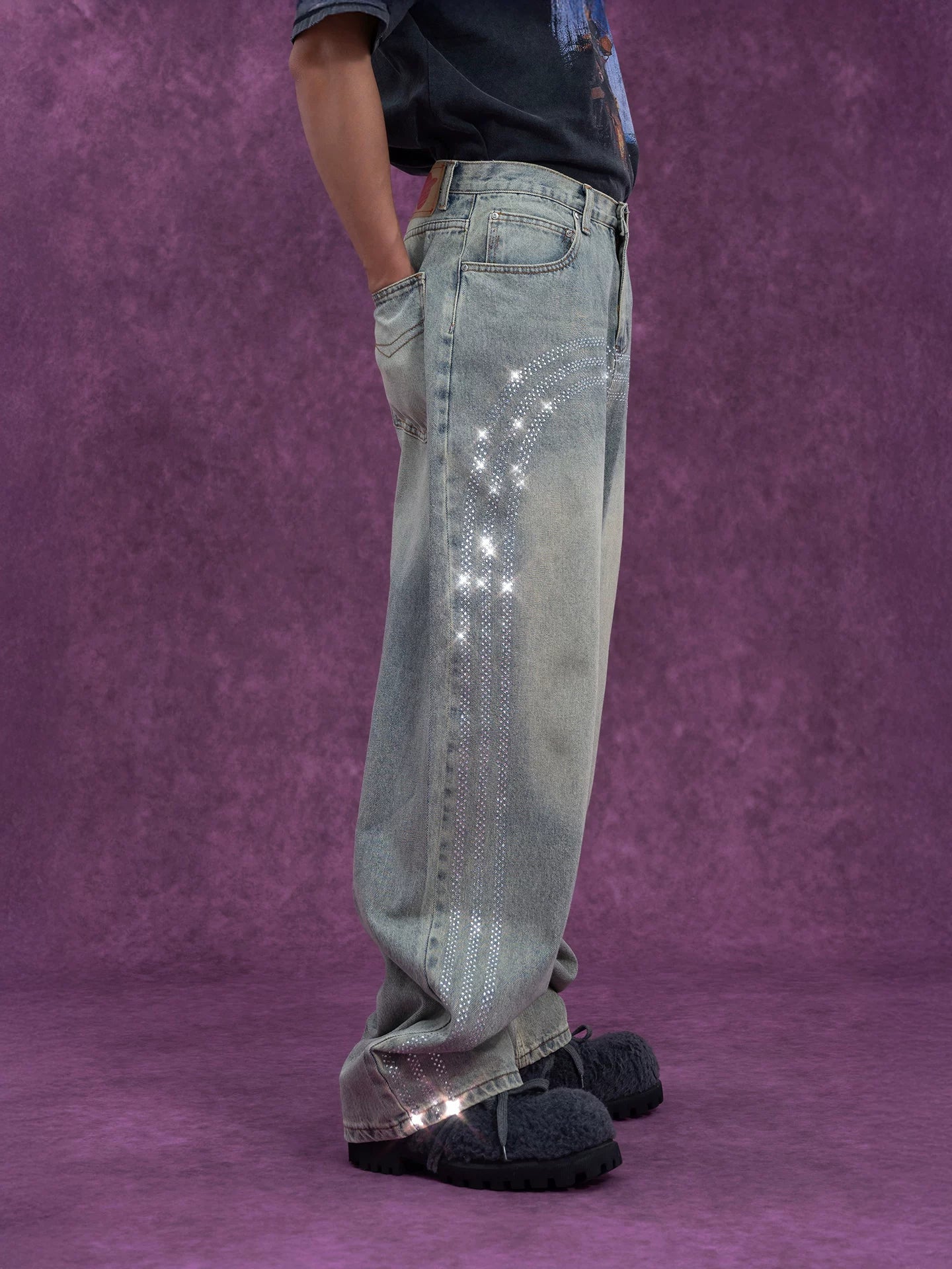 Men's Vintage Light Blue Sequined Jeans