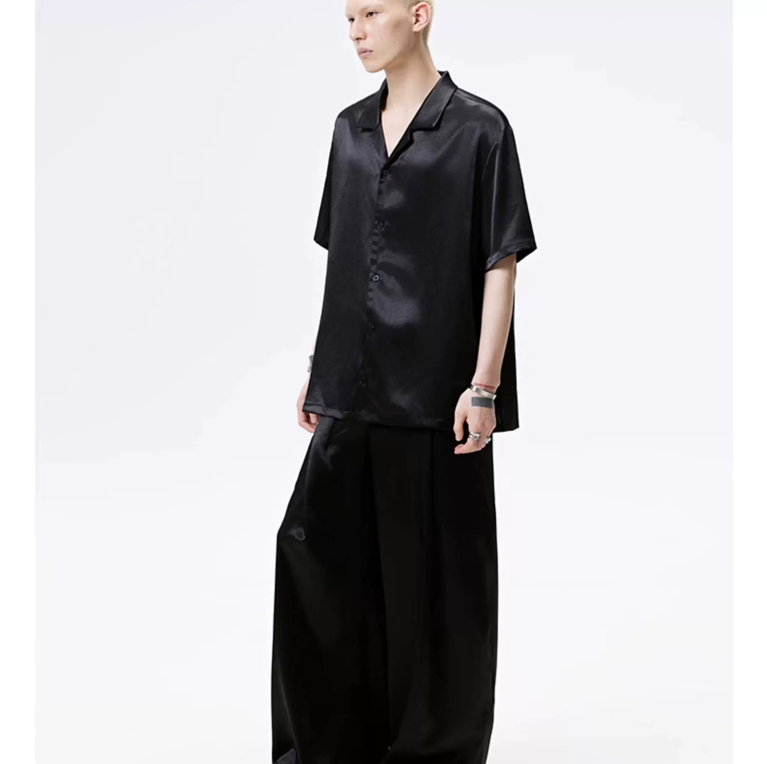 Cuban Collar Short Sleeve Satin Shirt