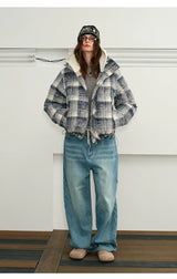 Detachable Hooded Plaid Puffer Coat