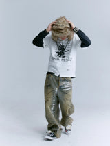 Washed Blue Mud-Dyed Graffiti Baggy Jeans